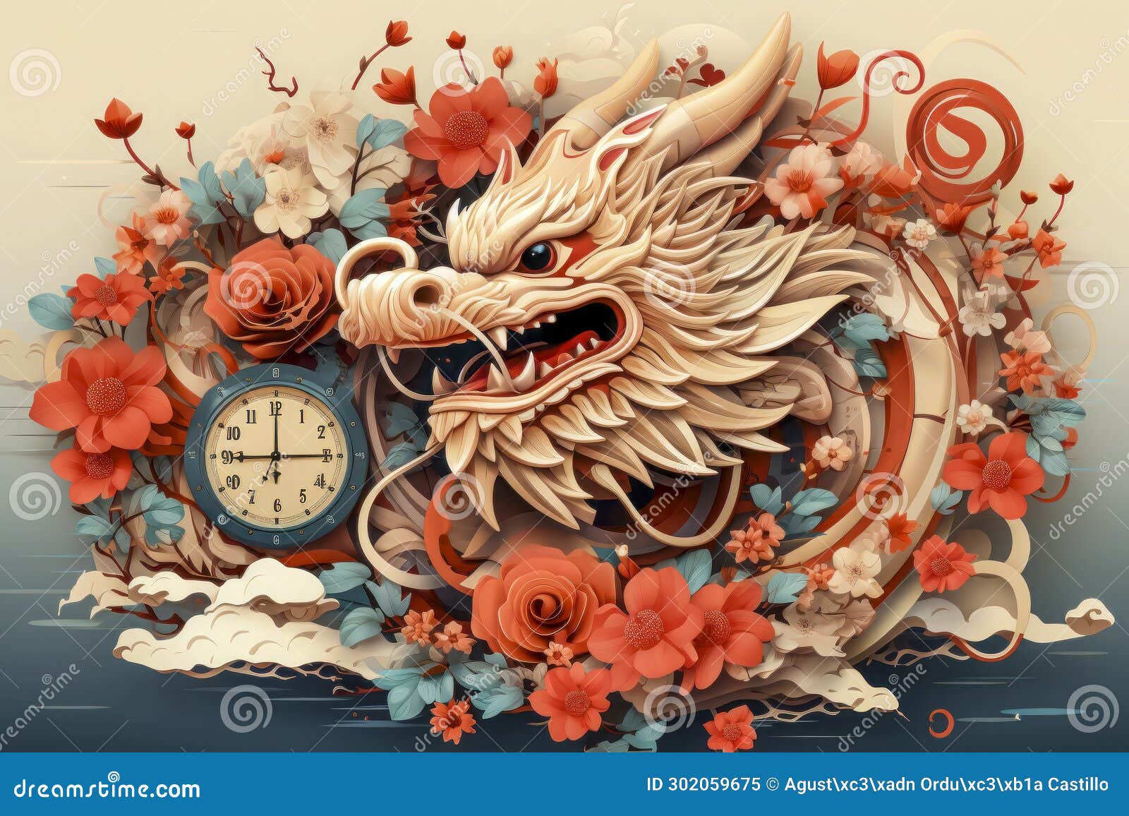 Festive Chinese New Year Dragon Display with Roses and Clock Stock Illustration Illustration