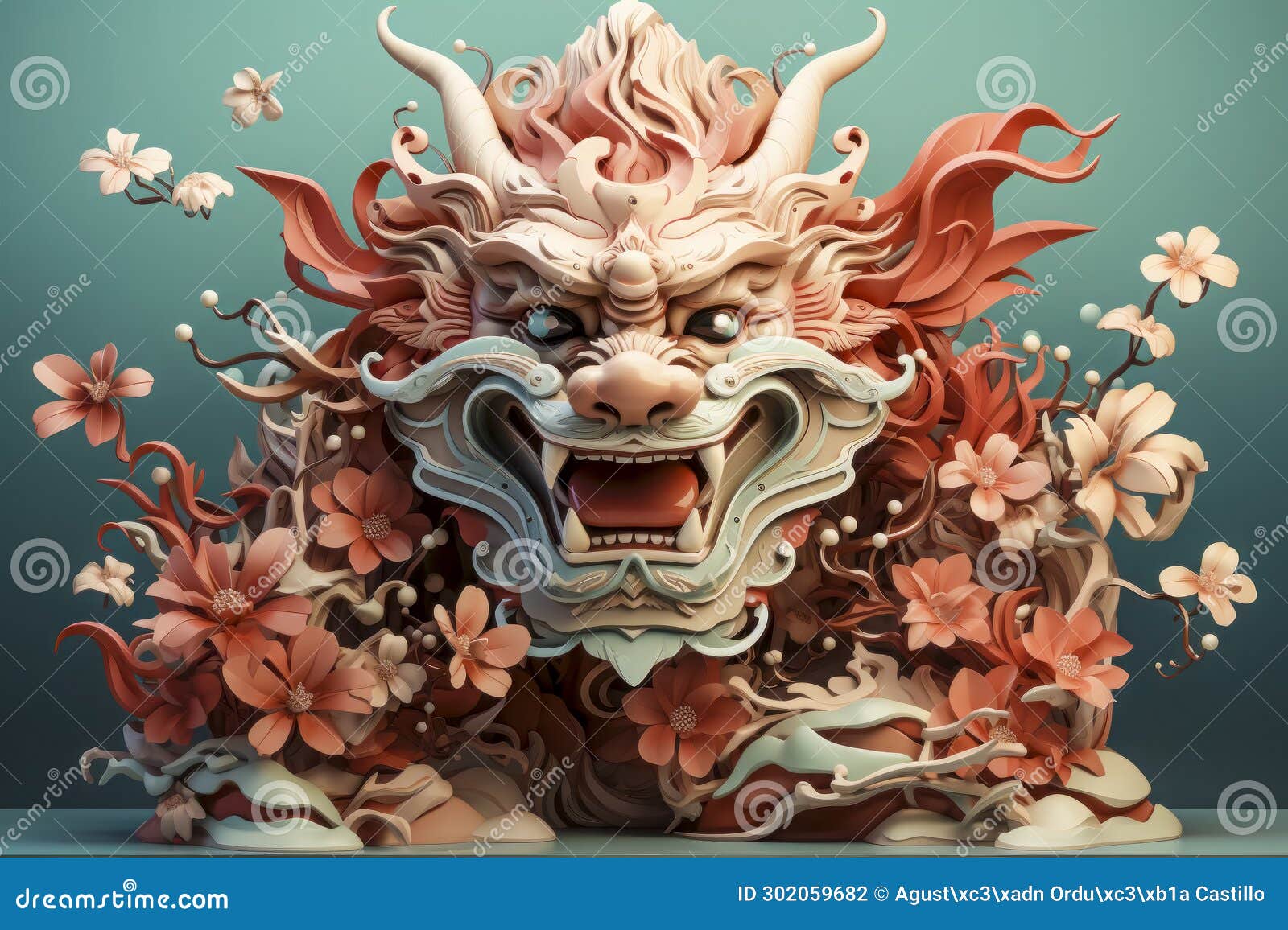 Festive Chinese New Year Dragon Display with Roses and Clock Stock Illustration Illustration