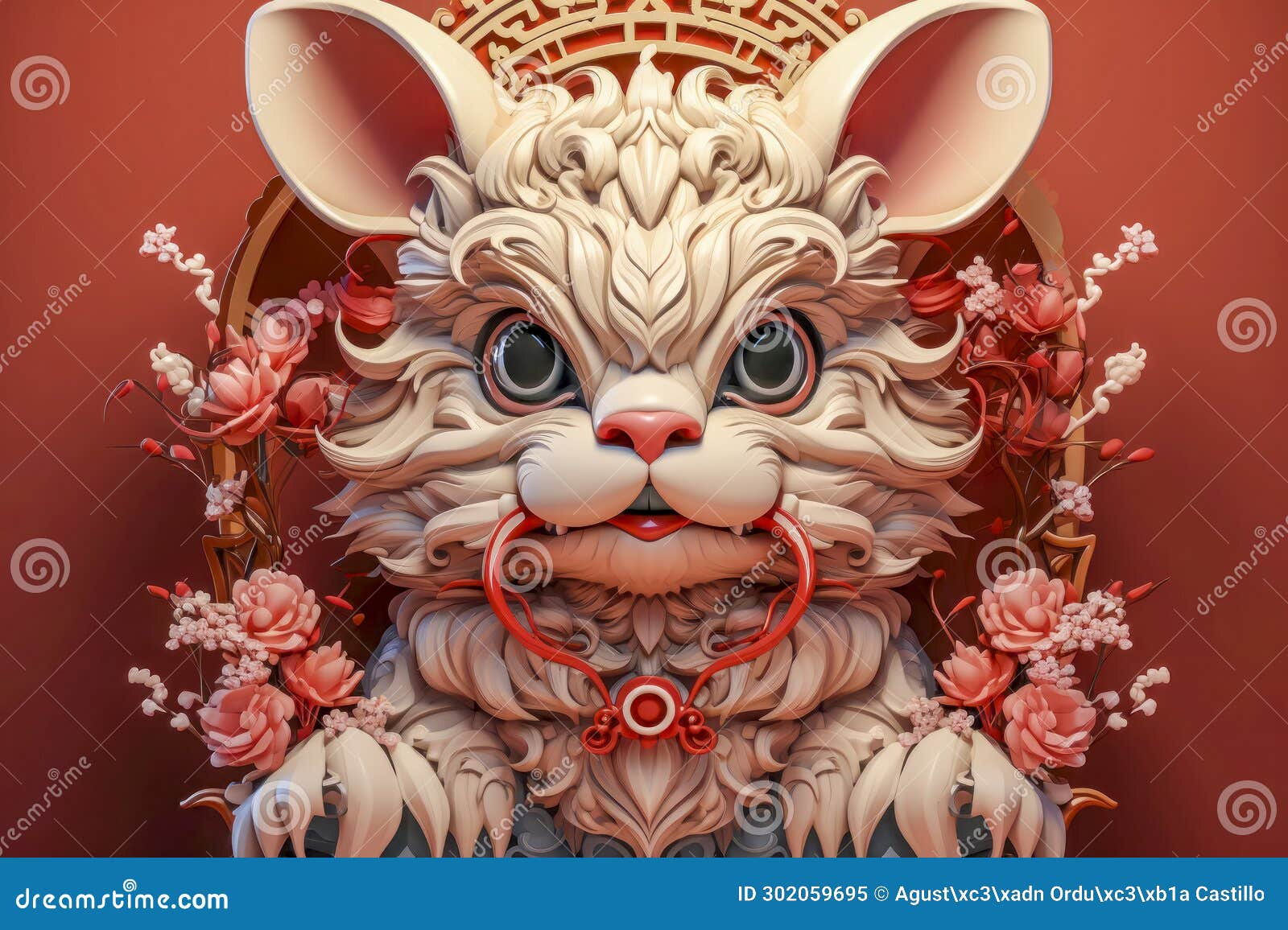 Festive Chinese New Year Dragon Display with Roses and Clock Stock Illustration Illustration