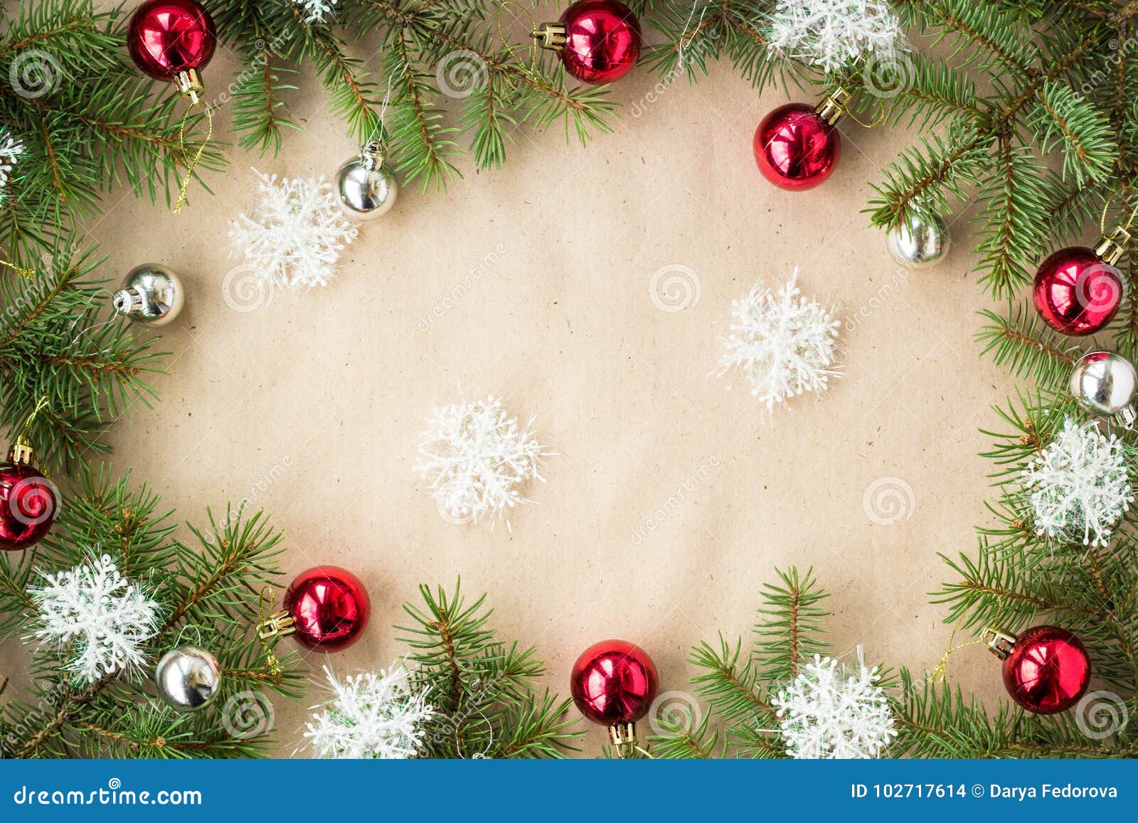 Festive Christmas Border with Red and Silver Balls on Fir Branches and ...