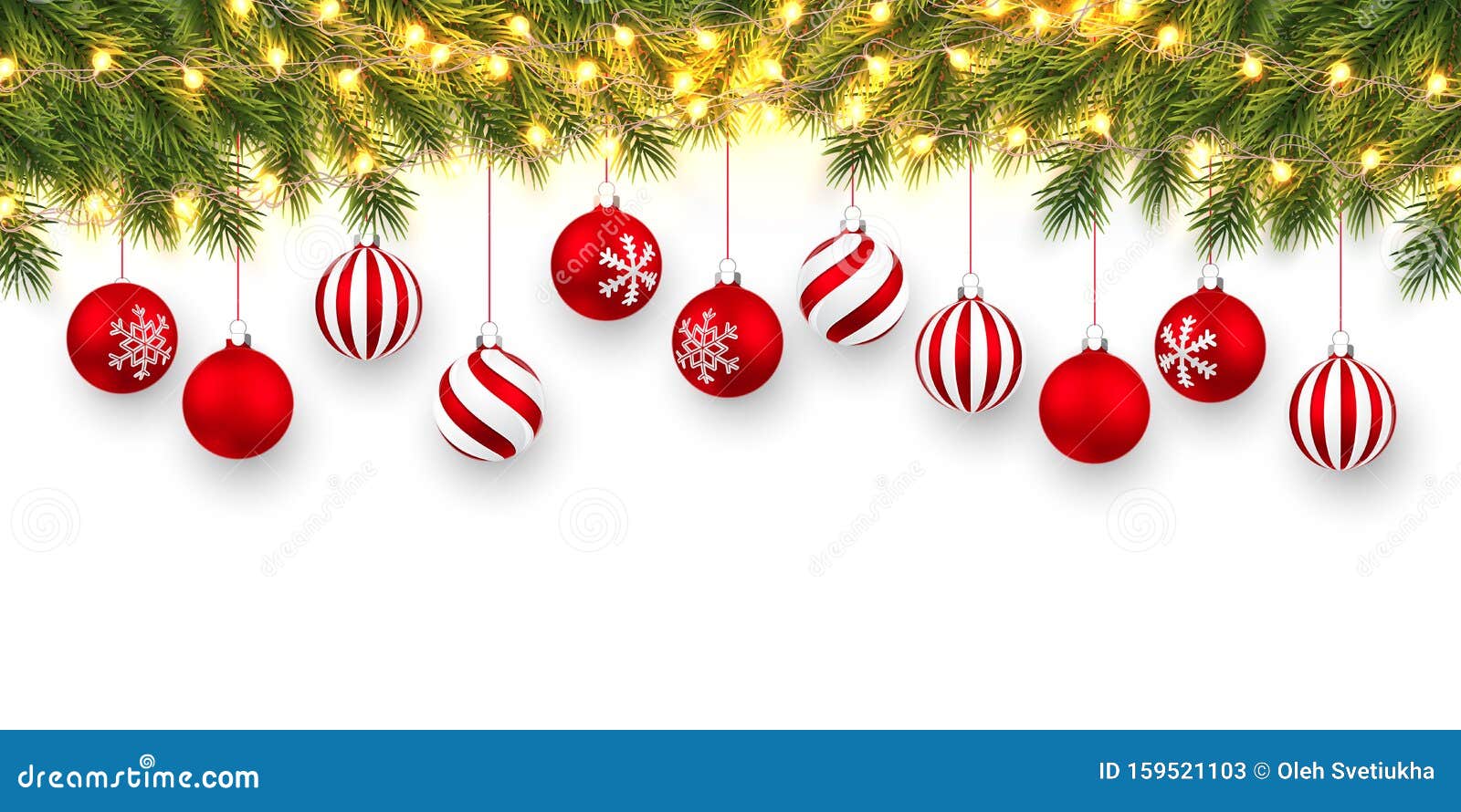 festive christmas or new year background. christmas fir-tree branches with light garland and xmas red balls. holiday`s background
