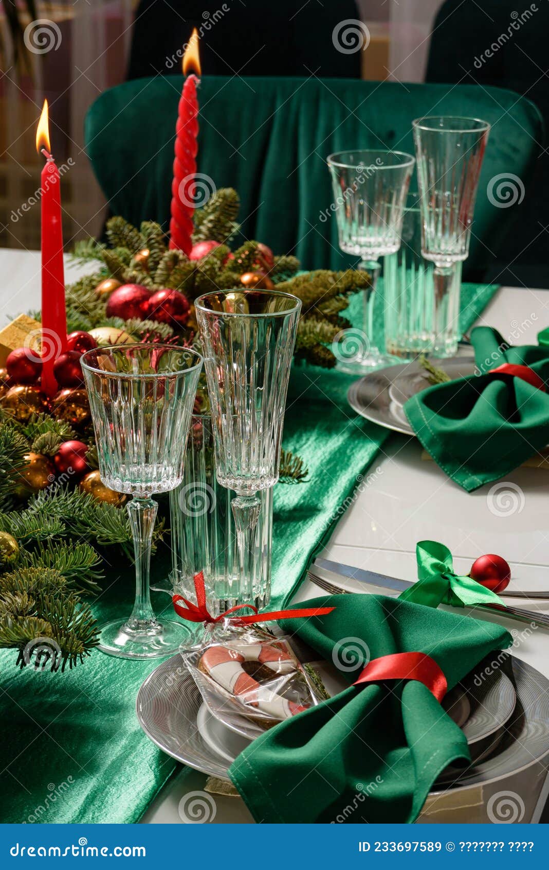 Festive Christmas Table Decor with Candles. Stock Image Image of