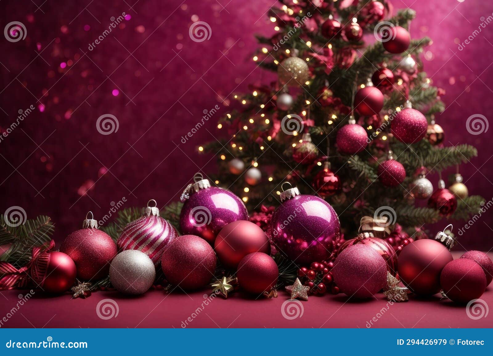 festive christmas tree and decorations with bokeh