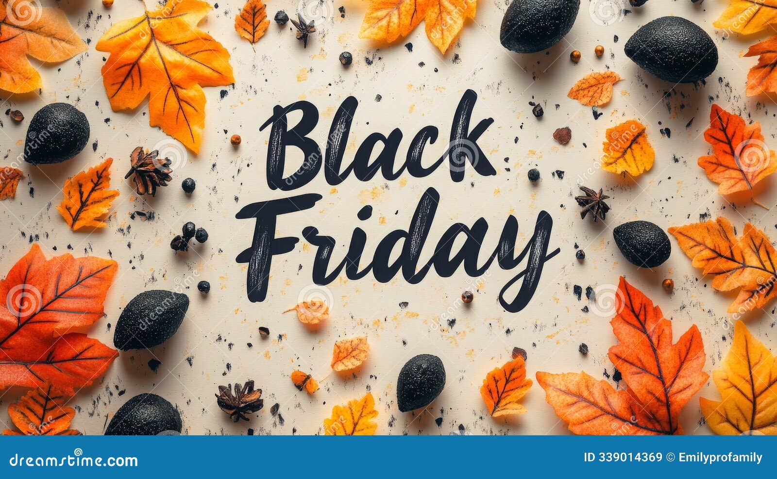black friday sale promotion with autumn leaves and spices on a light background