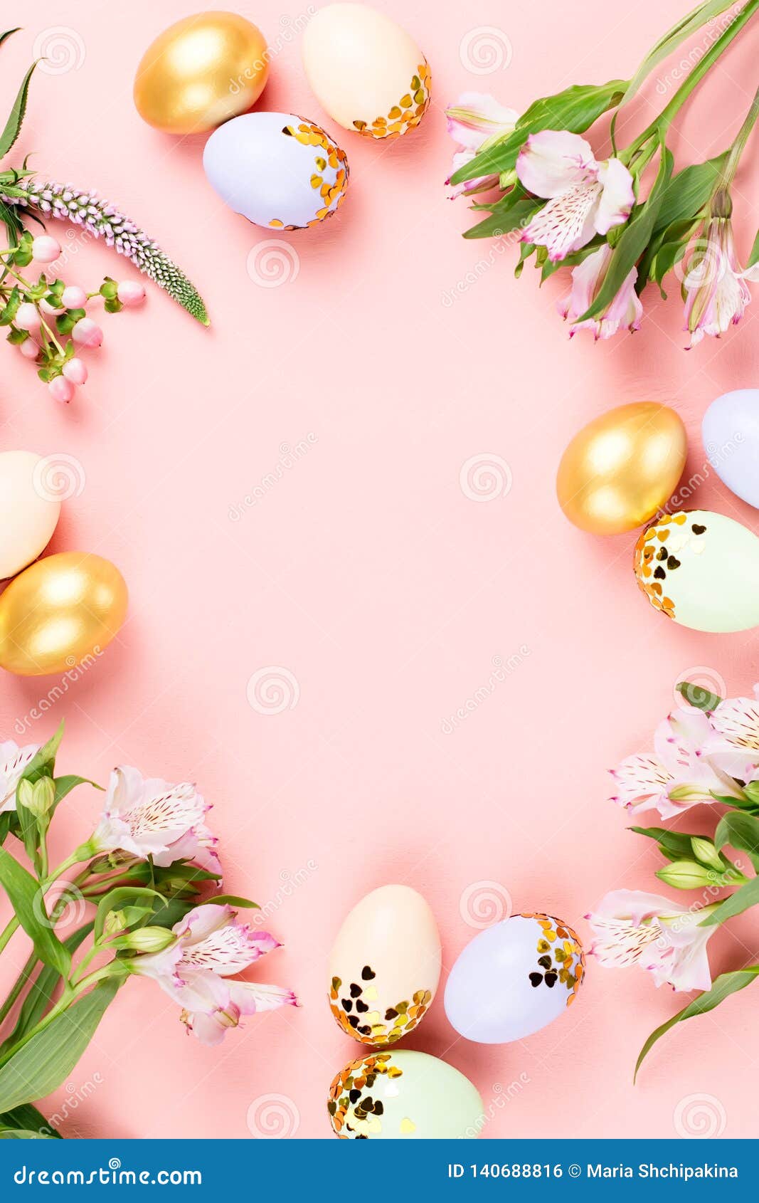 Festive Happy Easter Background with Decorated Eggs, Flowers ...