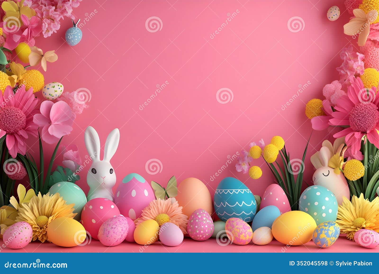 festive easter background with eggs, bunnies, and text space