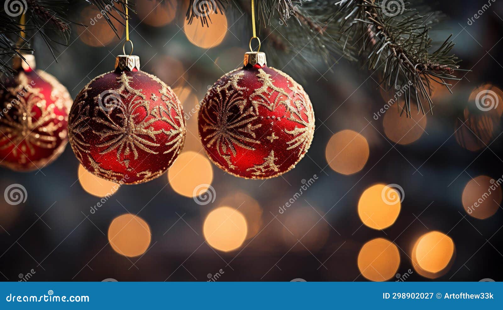 festive elegance: vibrant red and gold christmas ornaments on lush green pine tree branch