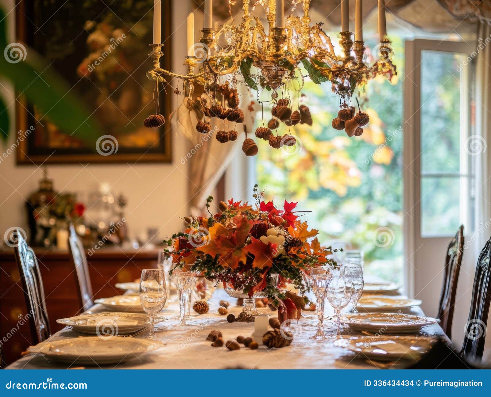 a festive fall table setting with ornate chandelier and autumnal centerpiece