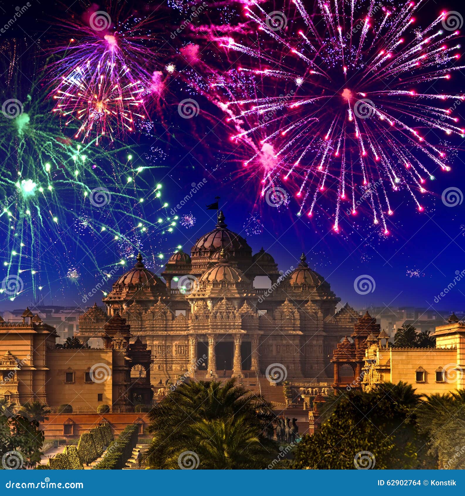 festive firework over temple akshardham, india. delhi