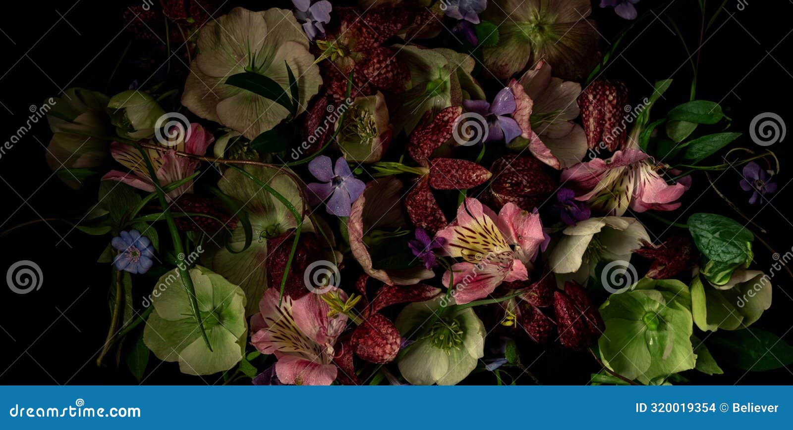festive floral banner with hellebore, fritillaria and alstroemeria