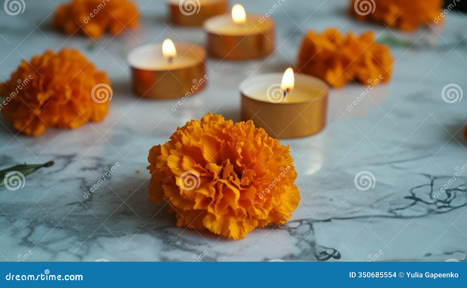 celebration of lights with marigold flowers and candles on festive table