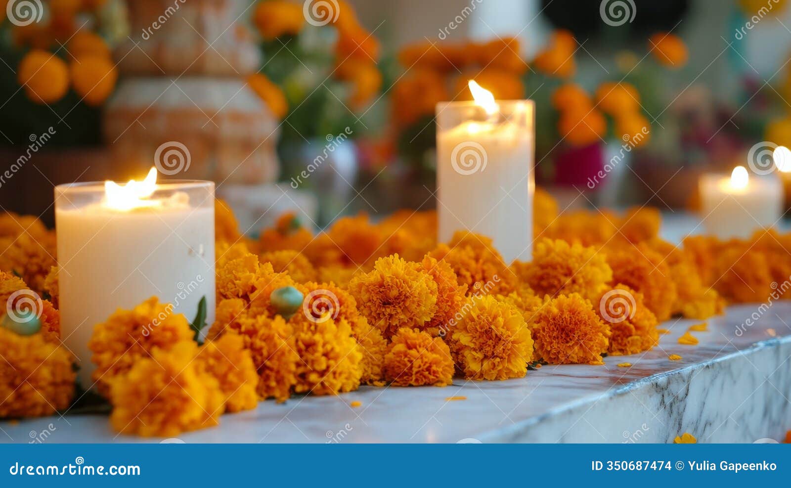 celebration of lights with marigold flowers and candles on festive table