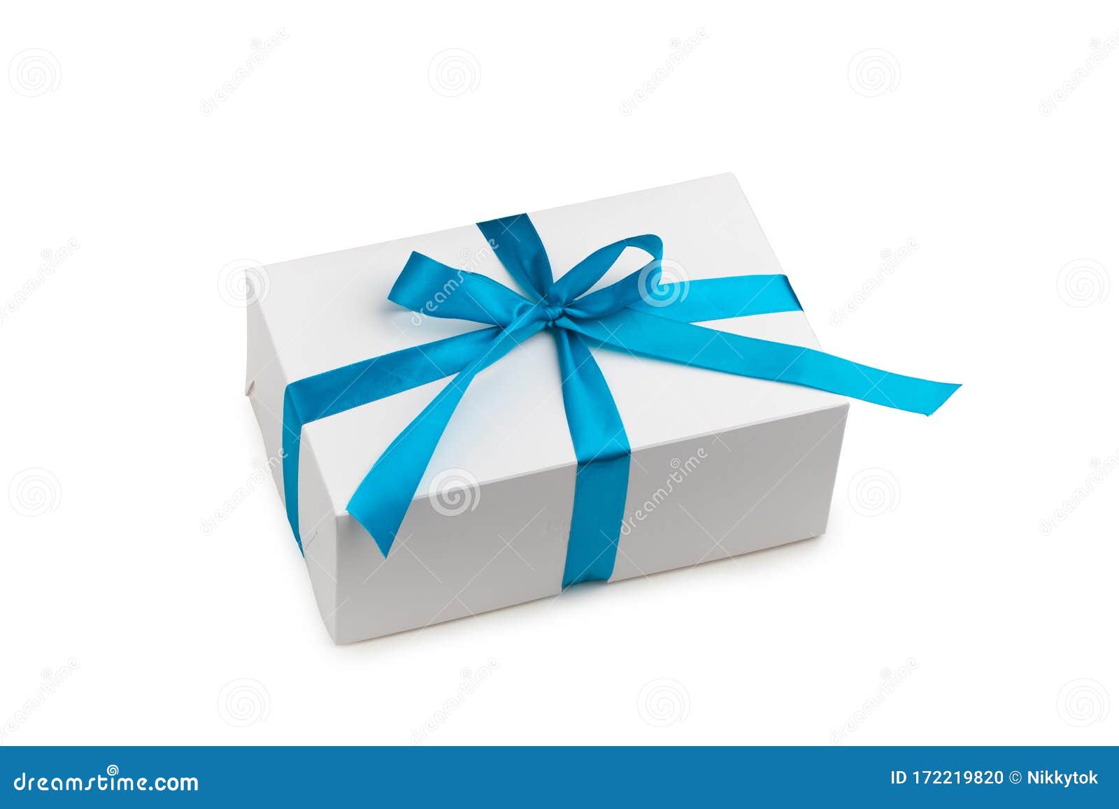 Festive Gift Box with Blue Bow, Isolated on White Stock Photo Image