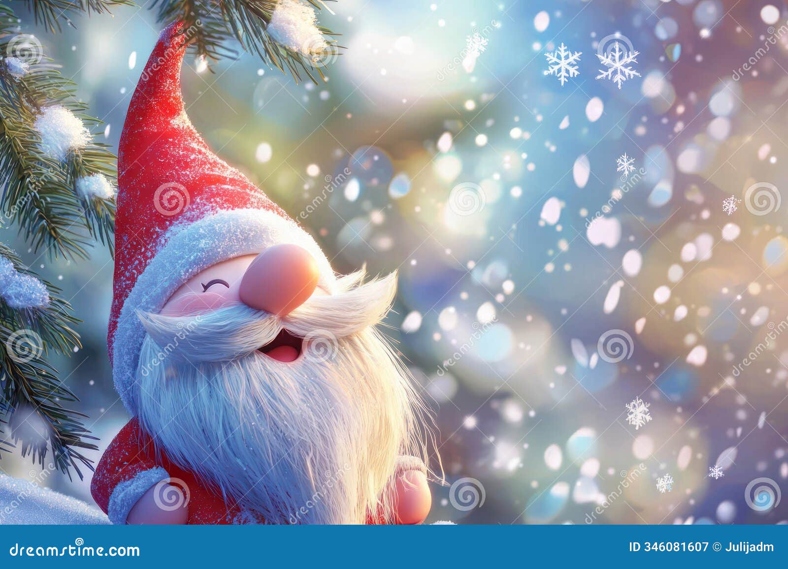 festive gnome with red hat standing in snowy winter scene surrounded by fir branches and snowflakes.