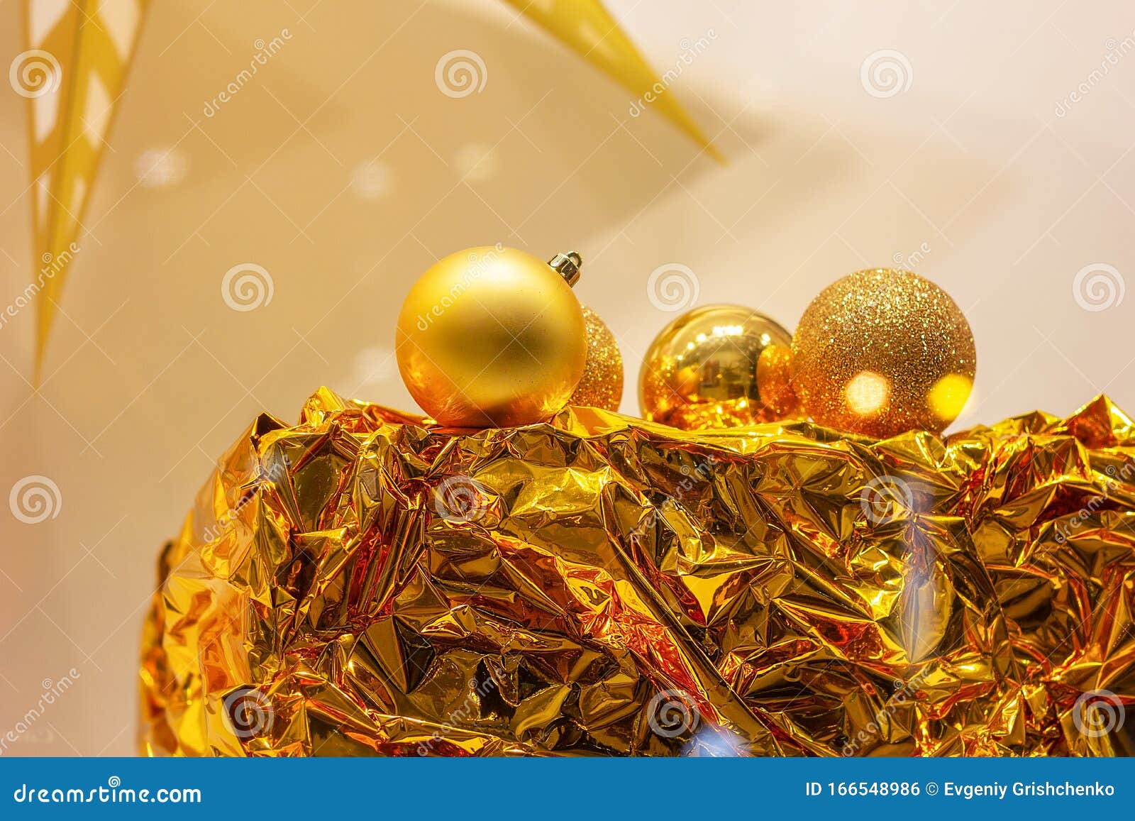 Festive Gold Balls on a Gold Foil Gift Wrap Stock Photo Image of