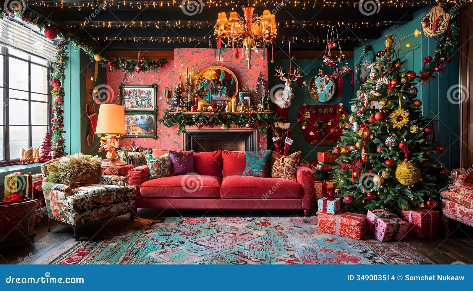 festive holiday gathering cozy living room interior  vibrant decor warm atmosphere christmas spirit