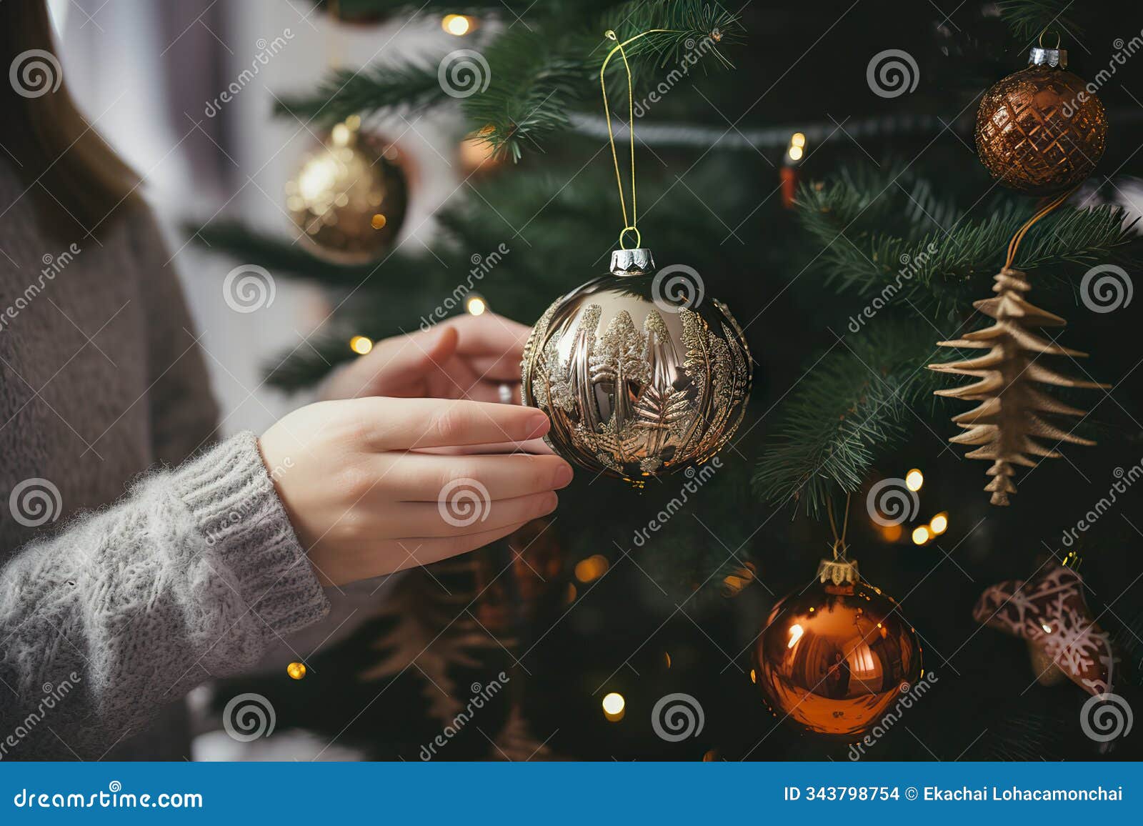 festive holiday magic hands decorating christmas tree with stylish bauble in atmospheric room. created with generative ai