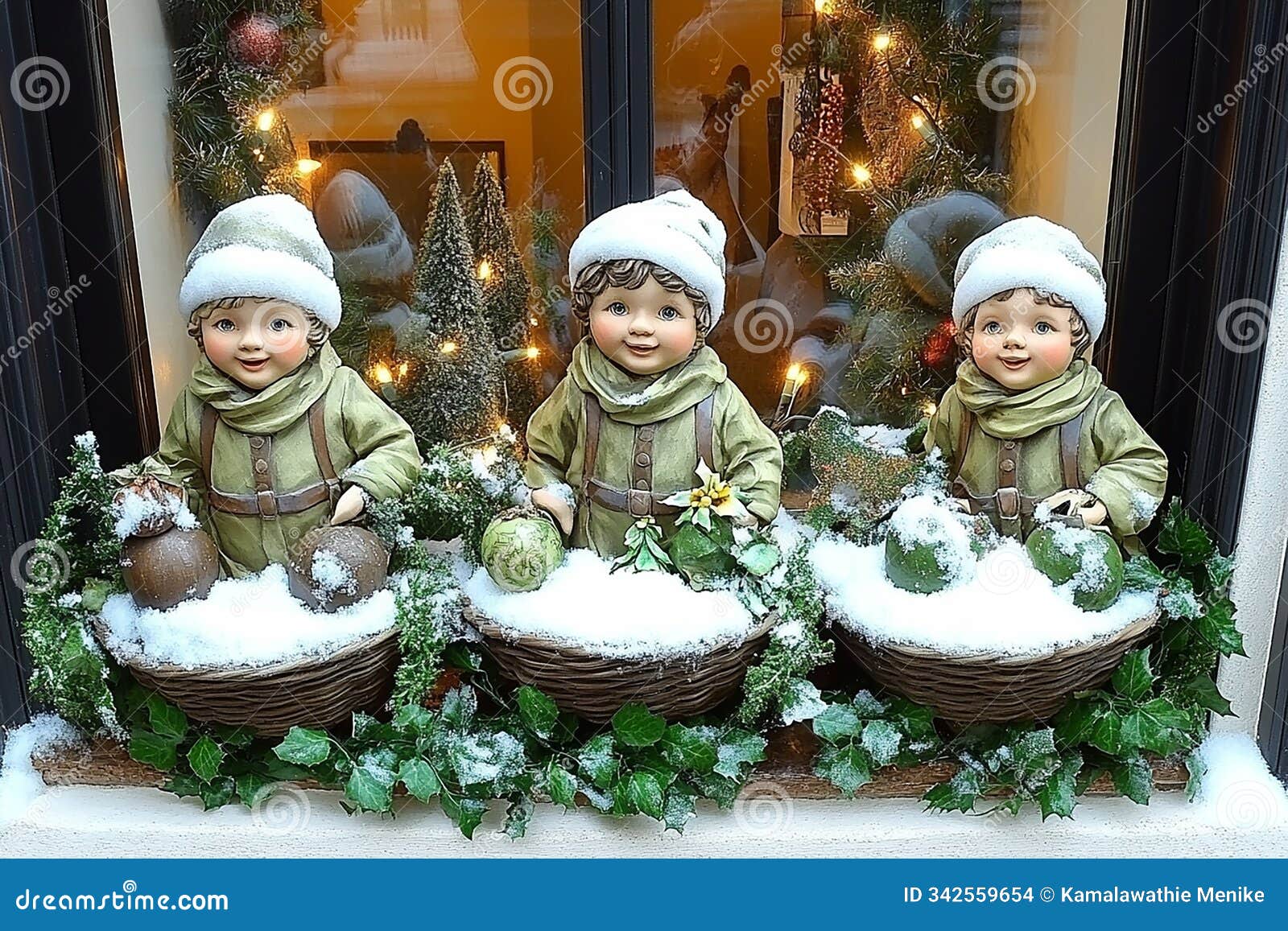 festive holiday window display featuring toys and twinkling lights