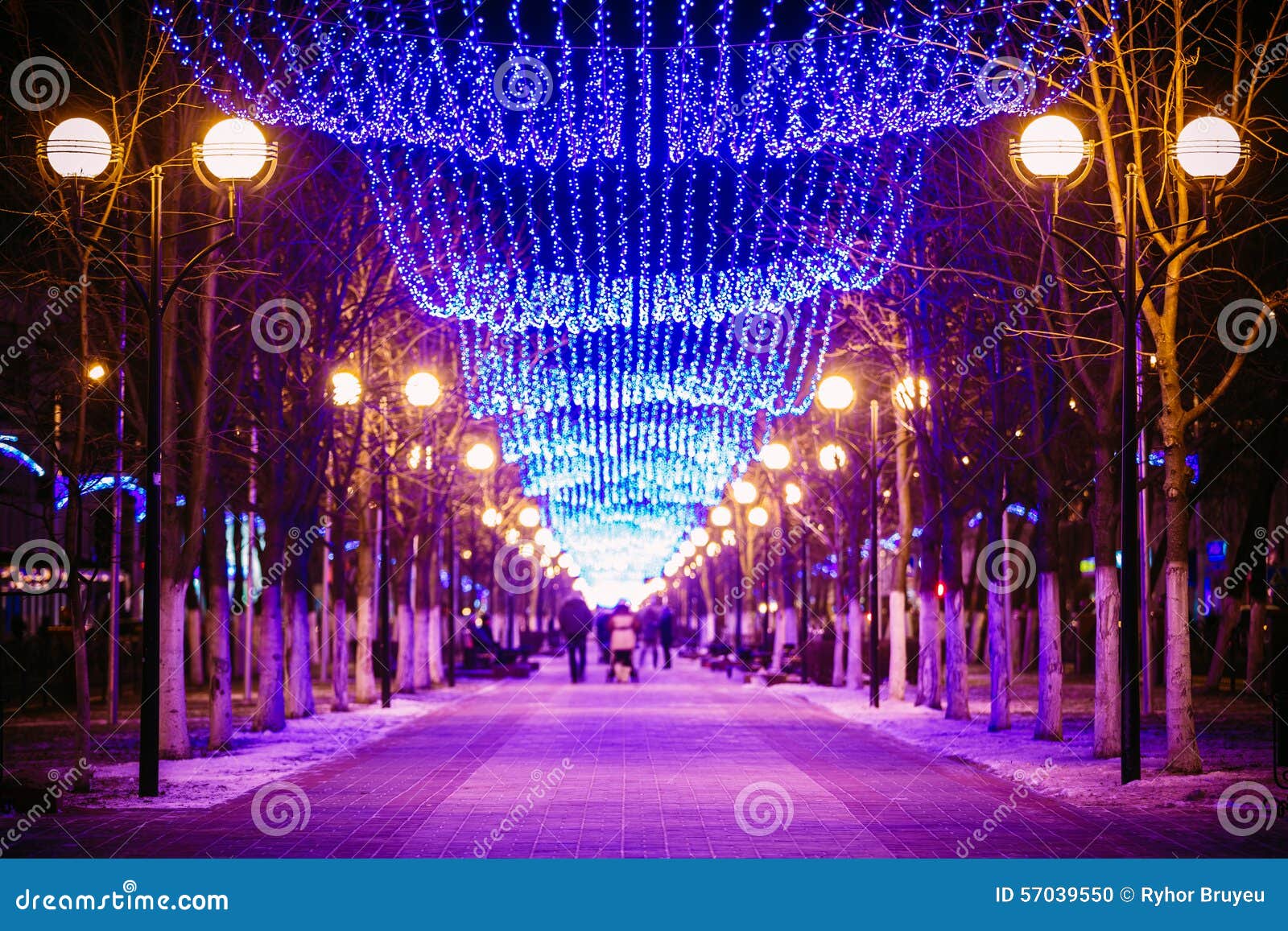 festive illumination on street in gomel. new year