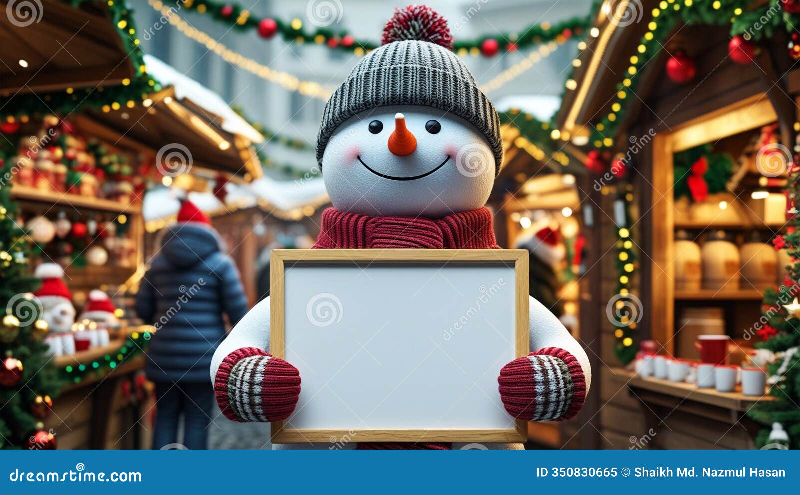 3d snowman amidst festive stalls with lights and steaming cocoa