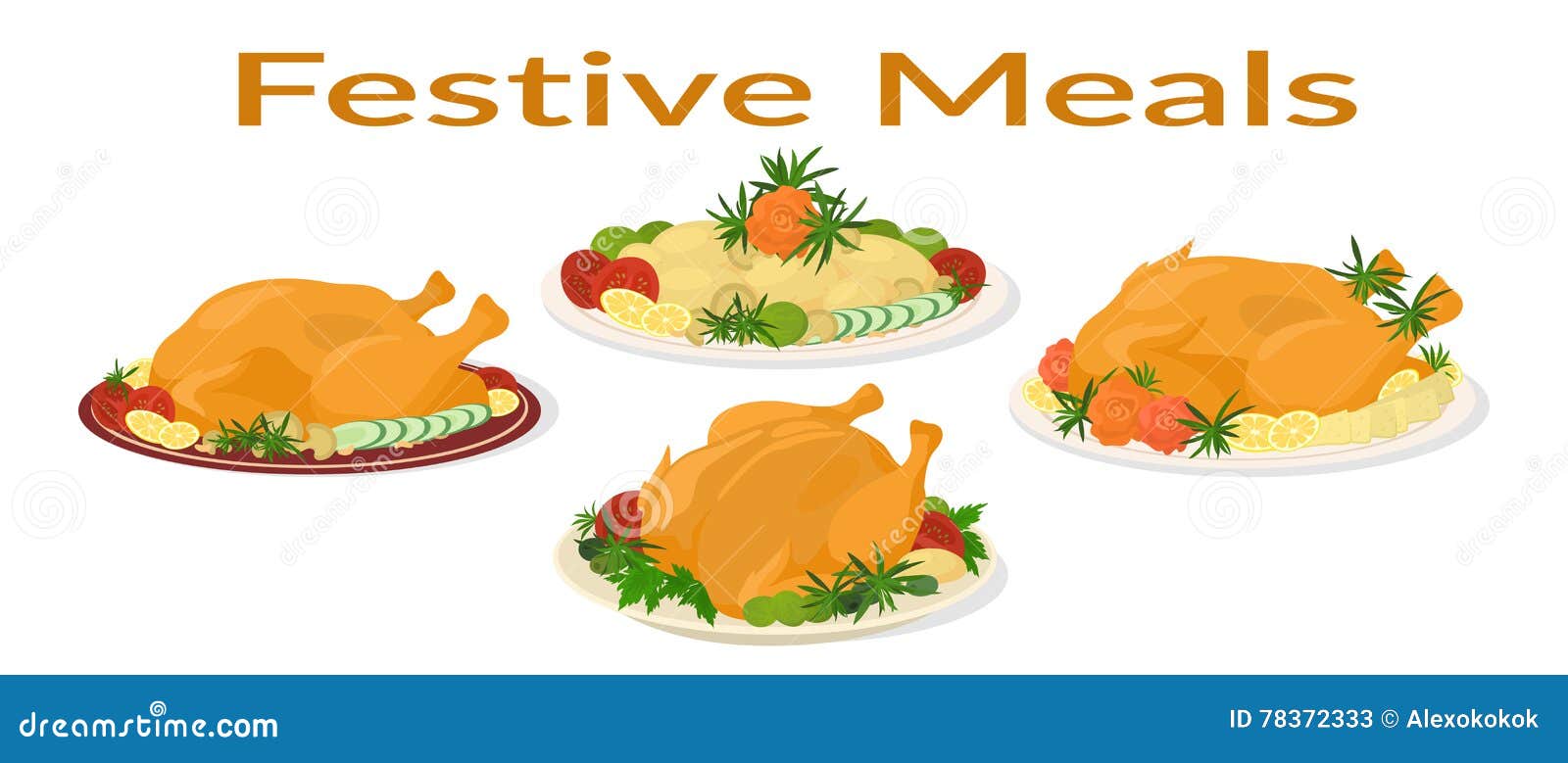Set of Delicious Festive Food on Plates Holiday Christmas Roasted Turkeys and Fried Potatoes on White Background Vector