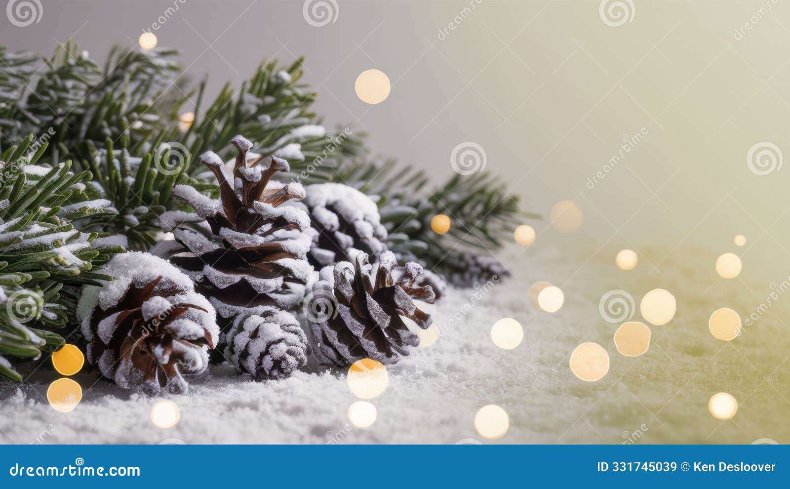 festive pinecones with snow and bokeh lights with copy-space