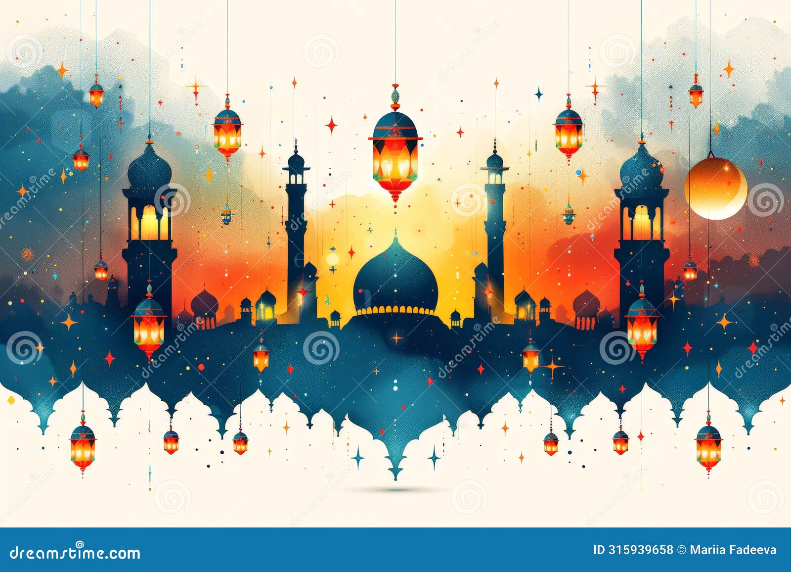 festive ramadan  with mosques and lanterns, perfect for celebration and cultural themes. card for an islamic