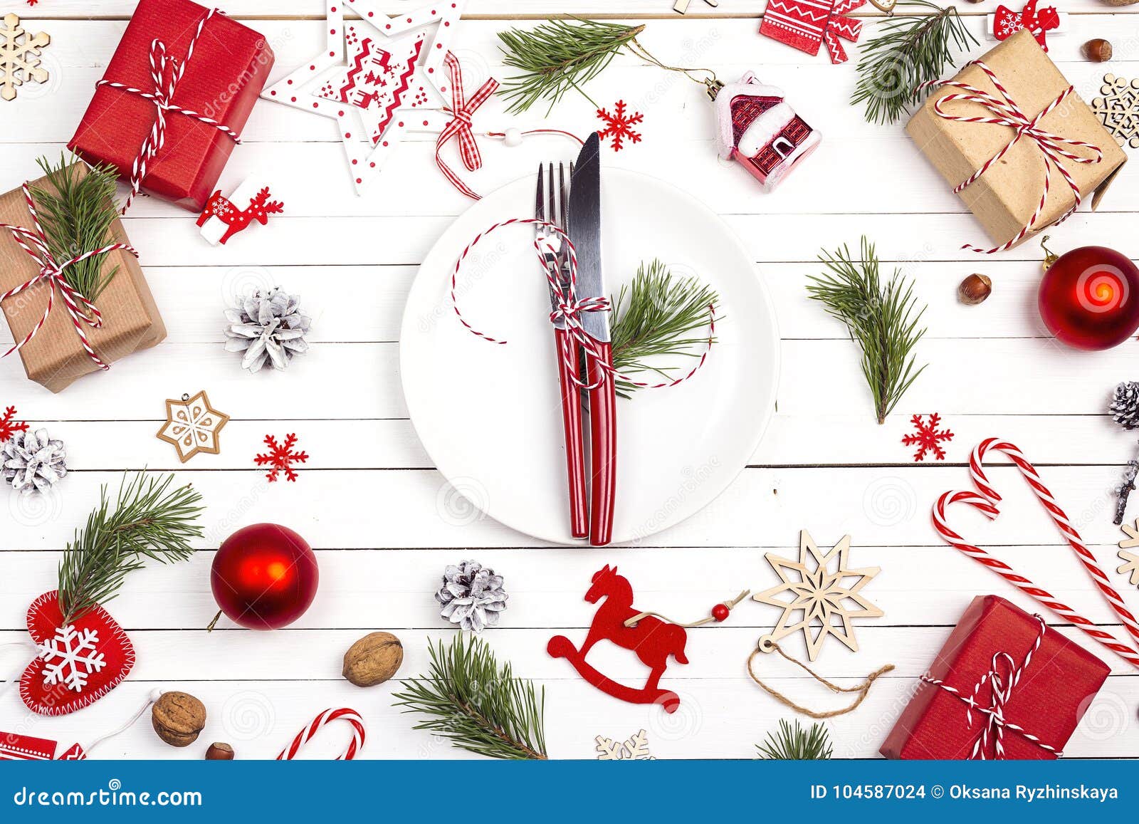 Festive Table Setting with Cutlery and Christmas Decorations on Stock ...