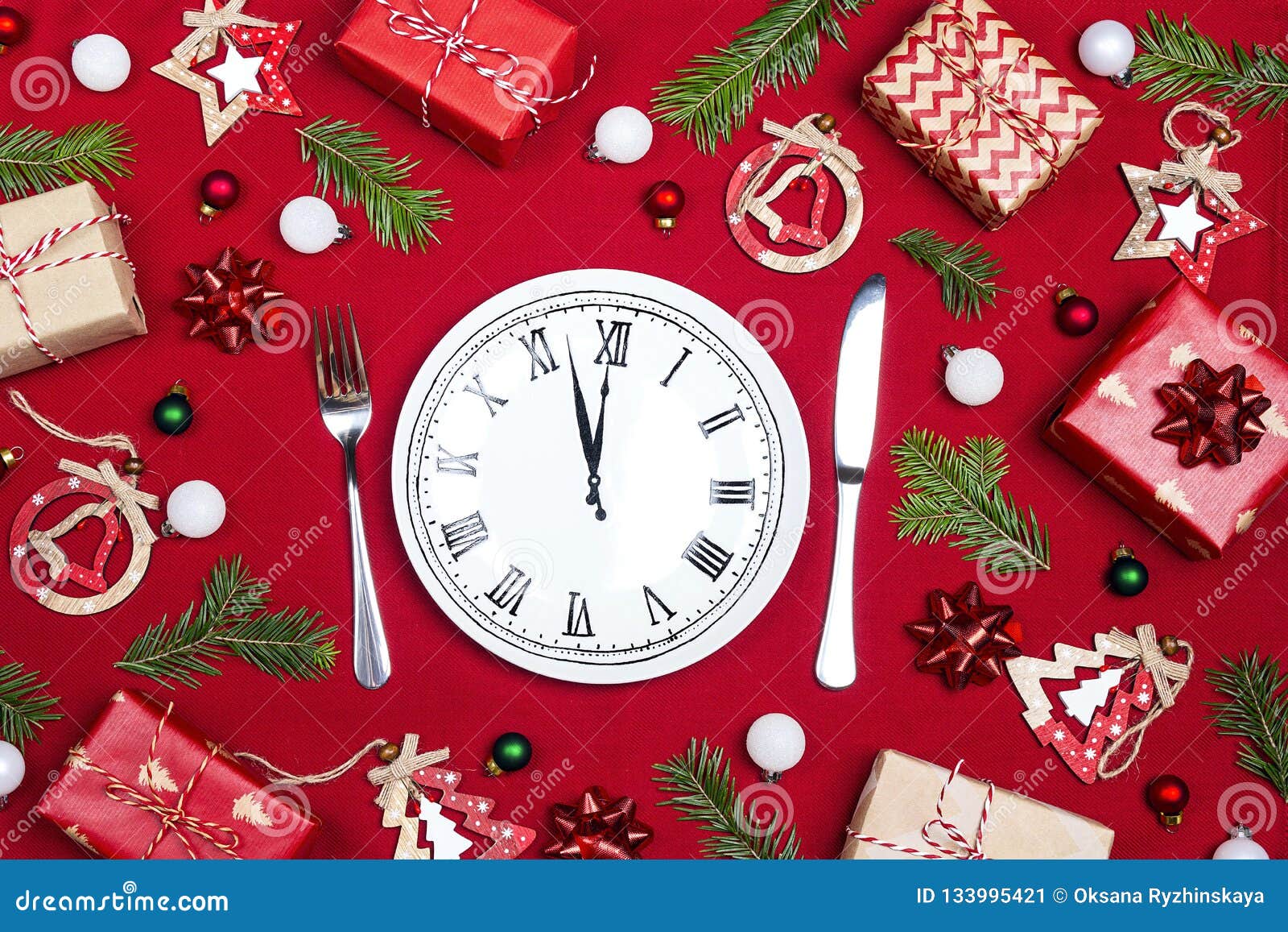 Festive Table Setting With Dish Clock And Christmas Decorations