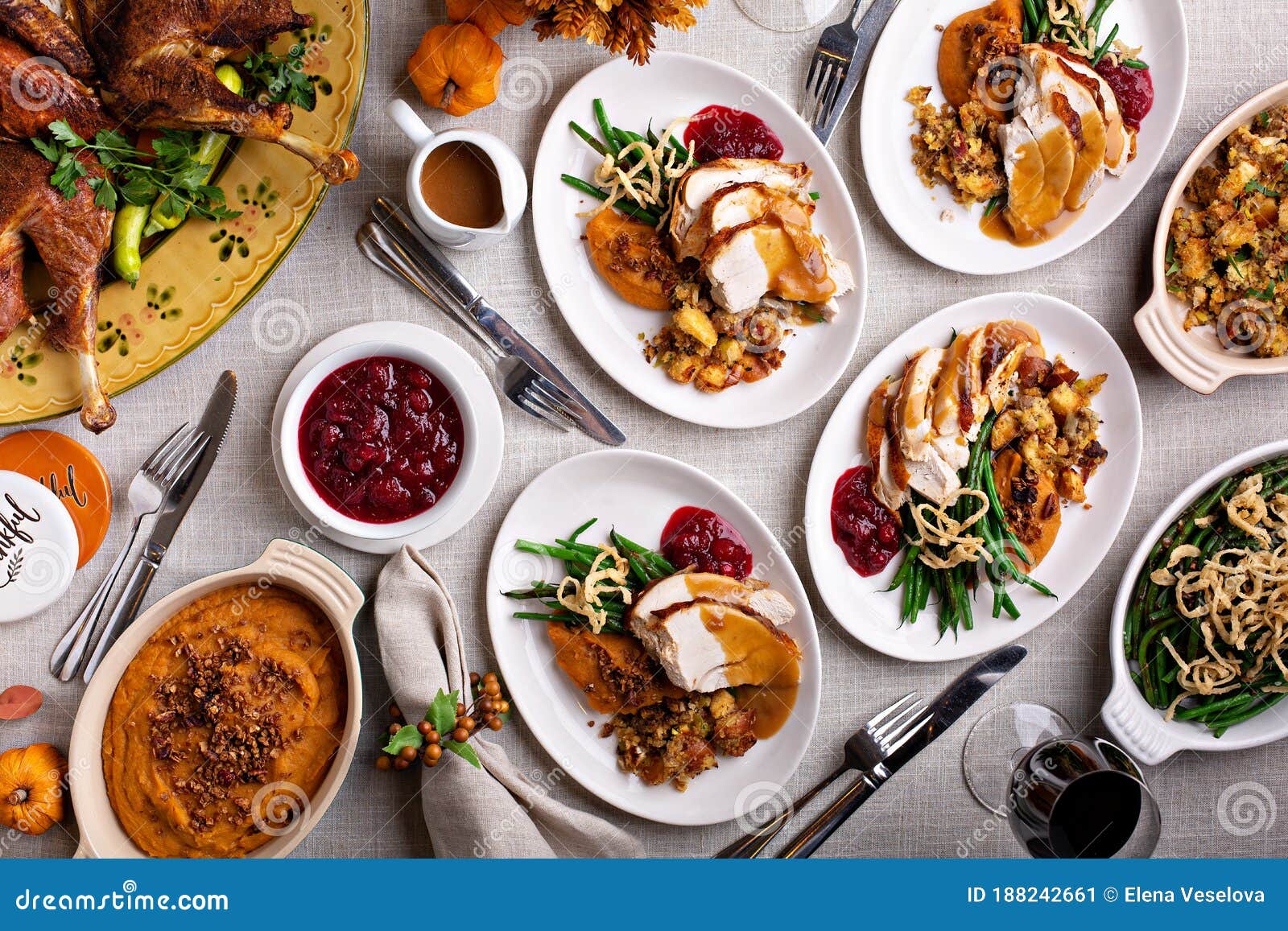 Festive Thankgiving Dinner Table with Plates of Food Stock Image ...