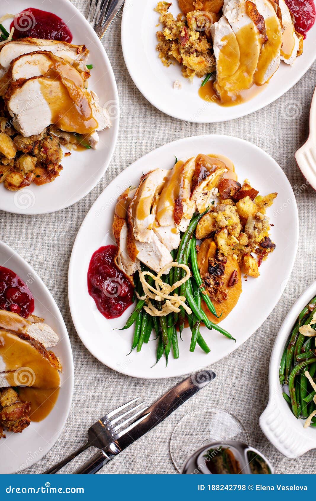 Festive Thankgiving Dinner Table with Plates of Food Stock Photo ...
