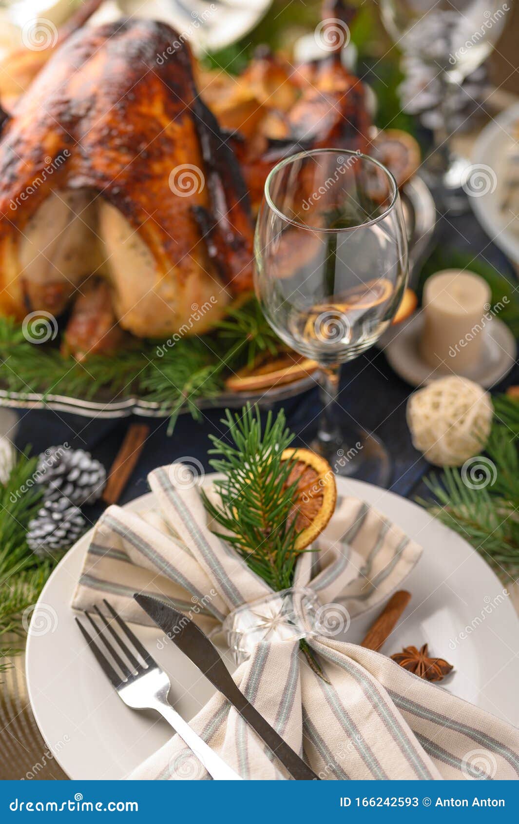 festive turkey, on a served table, vertical frame