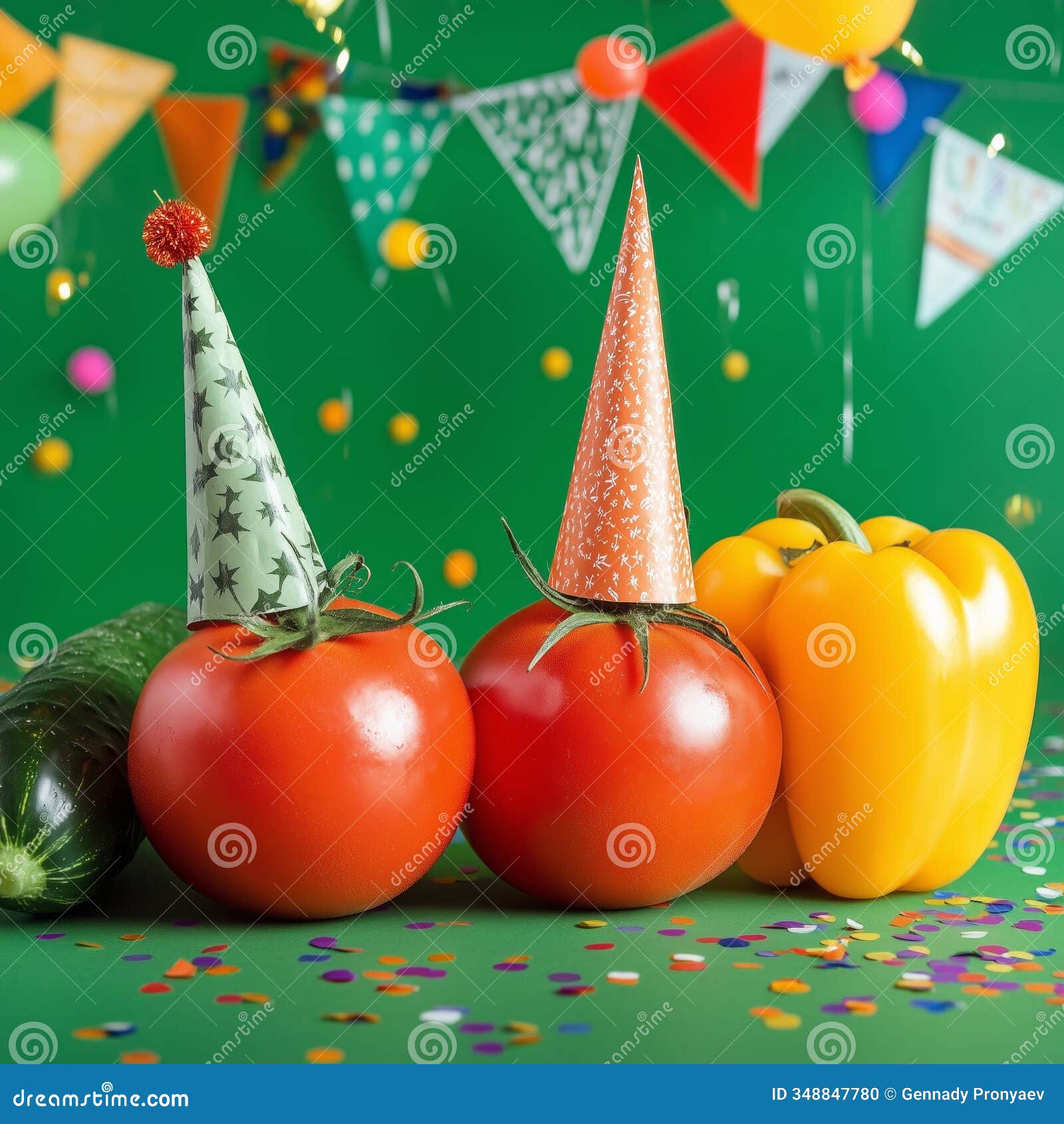 festive vegetables with party hats and colorful decorations