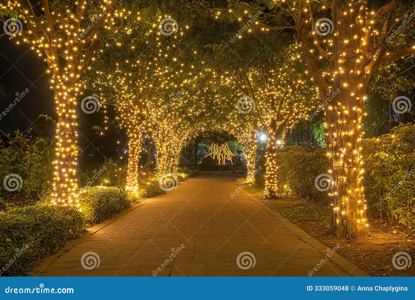 festive walkway illuminated by string lights in peaceful night garden