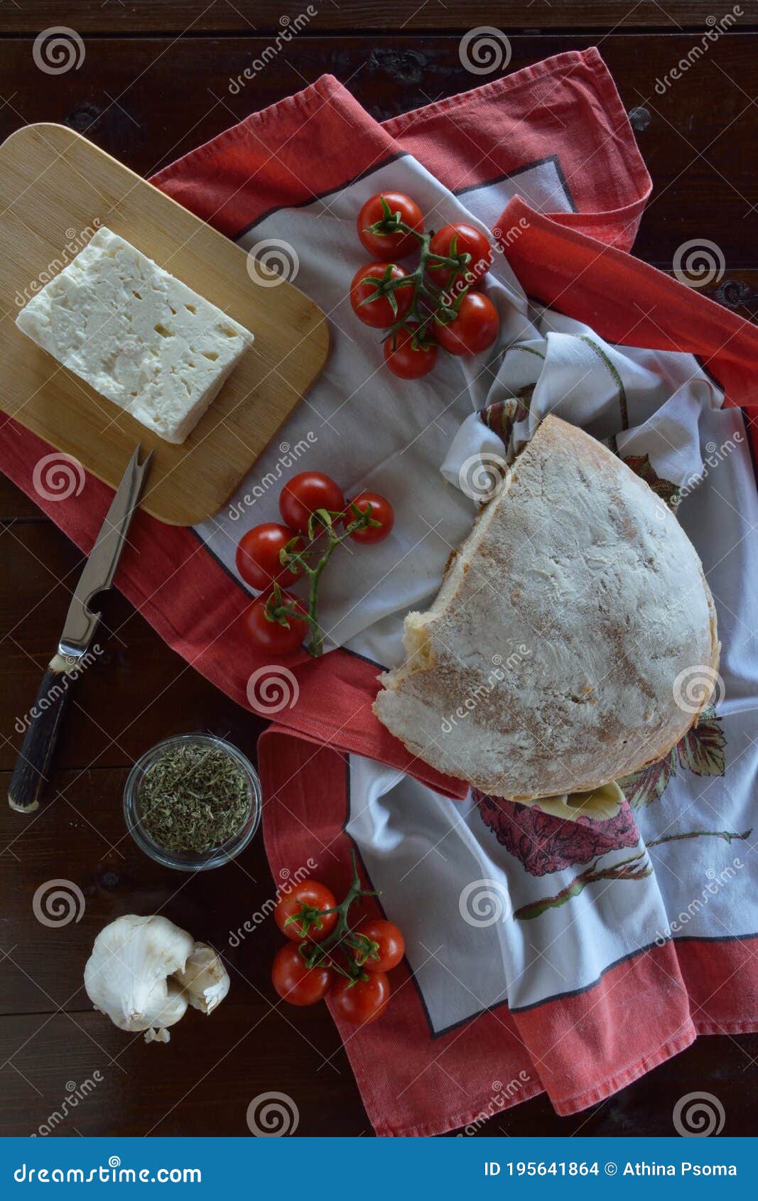 Feta Cheese,fresh Cherry Tomatoes,garlic, Thyme and Bread Stock Photo