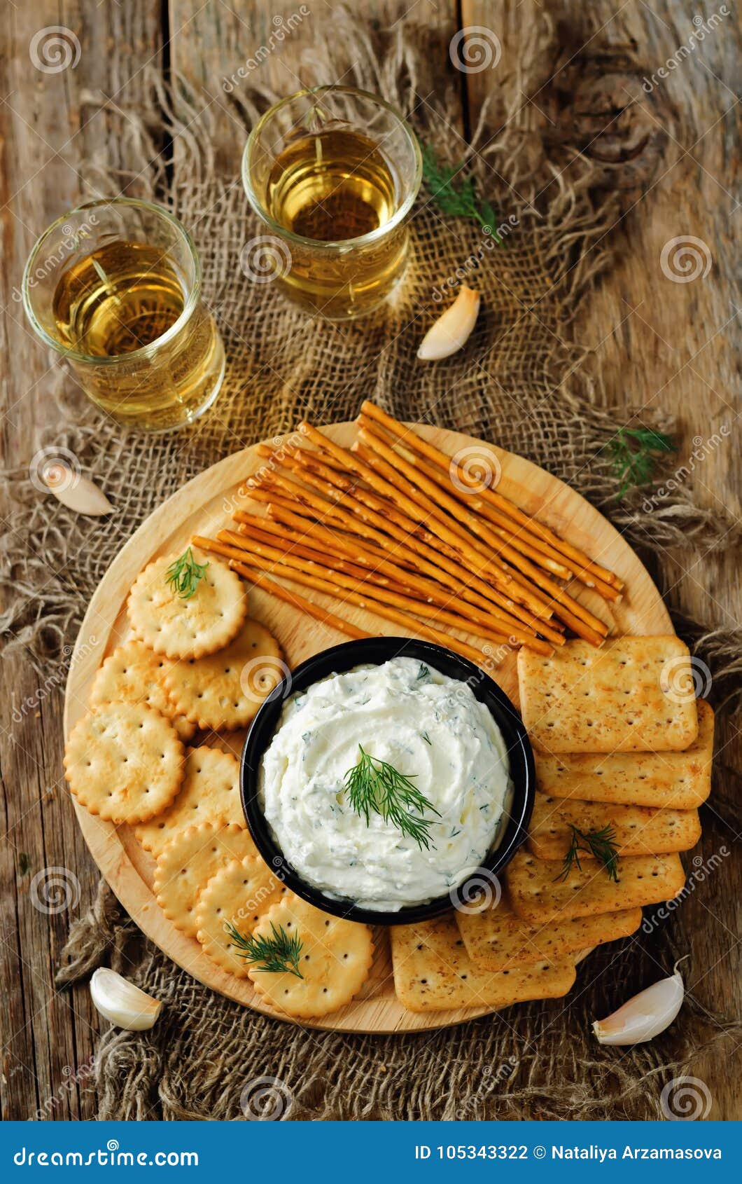 Feta Cream Cheese Dill Garlic Dip with Crackers Stock Photo Image of