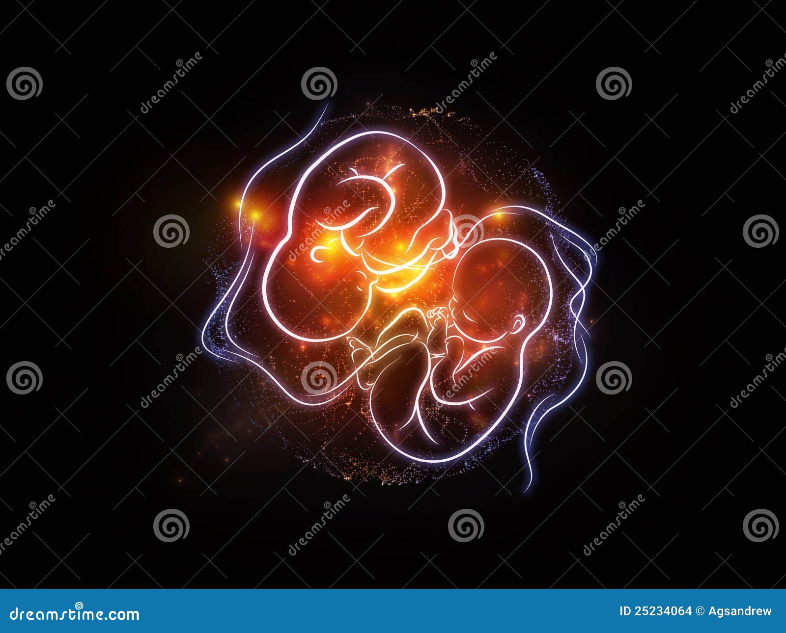 Feto conceptual. Composição do desenho de um feto e de uns elementos abstratos do projeto apropriados como um contexto para os projetos no desenvolvimento, no nascimento e na gravidez de criança