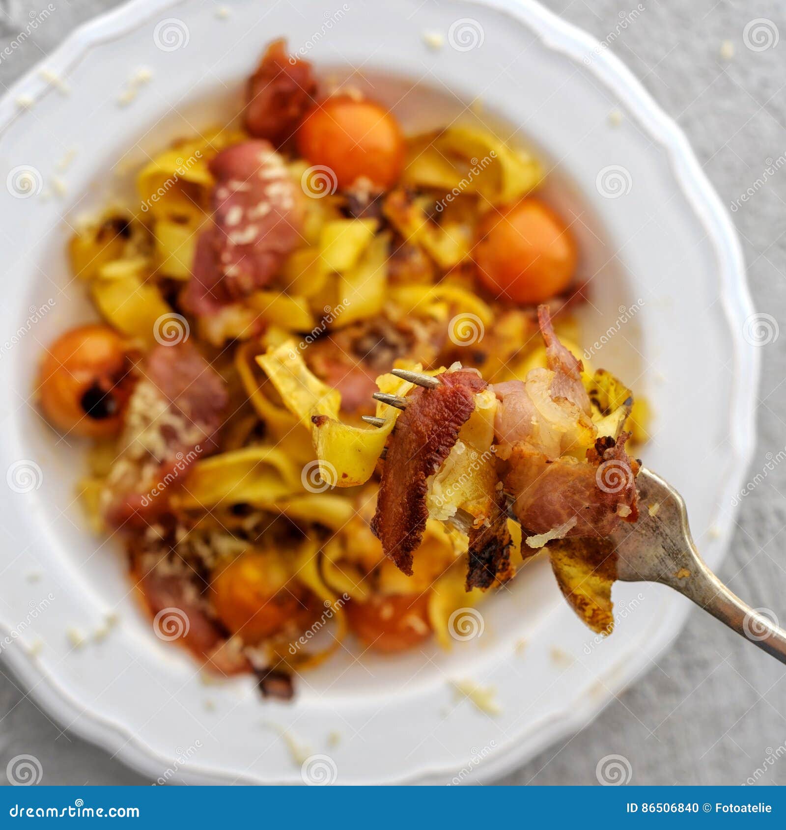 Fettuccine Pasta with Cherry Tomatoes and Bacon. Stock Photo Image of