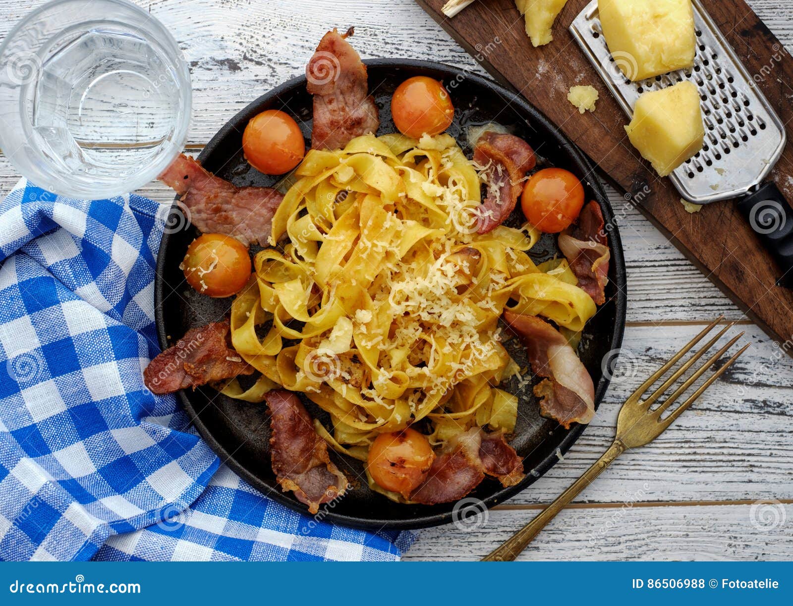 Fettuccine Pasta with Cherry Tomatoes and Bacon. Stock Photo Image of