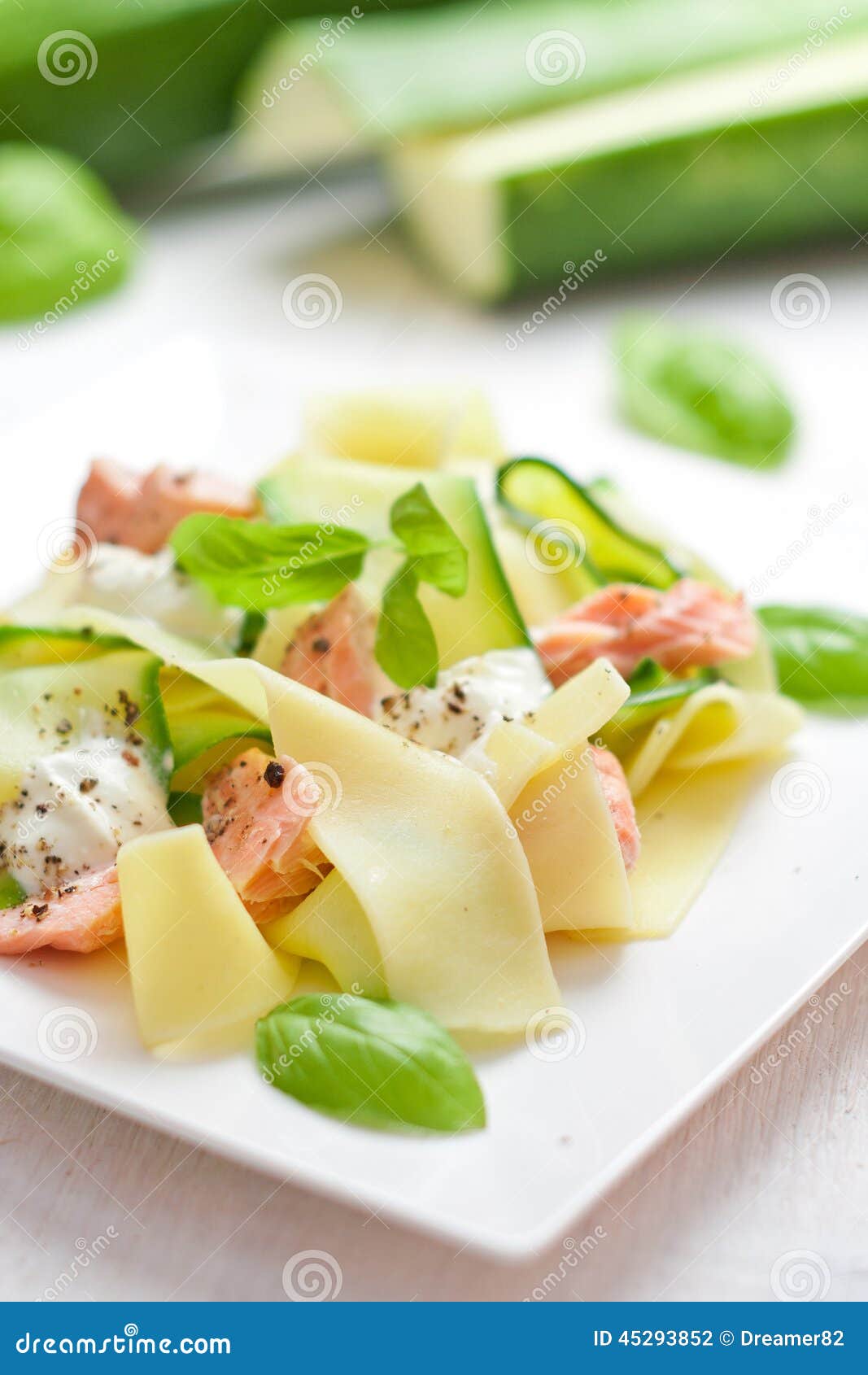 Fettuccine Pasta with Salmon and Zicchini Stock Photo Image of