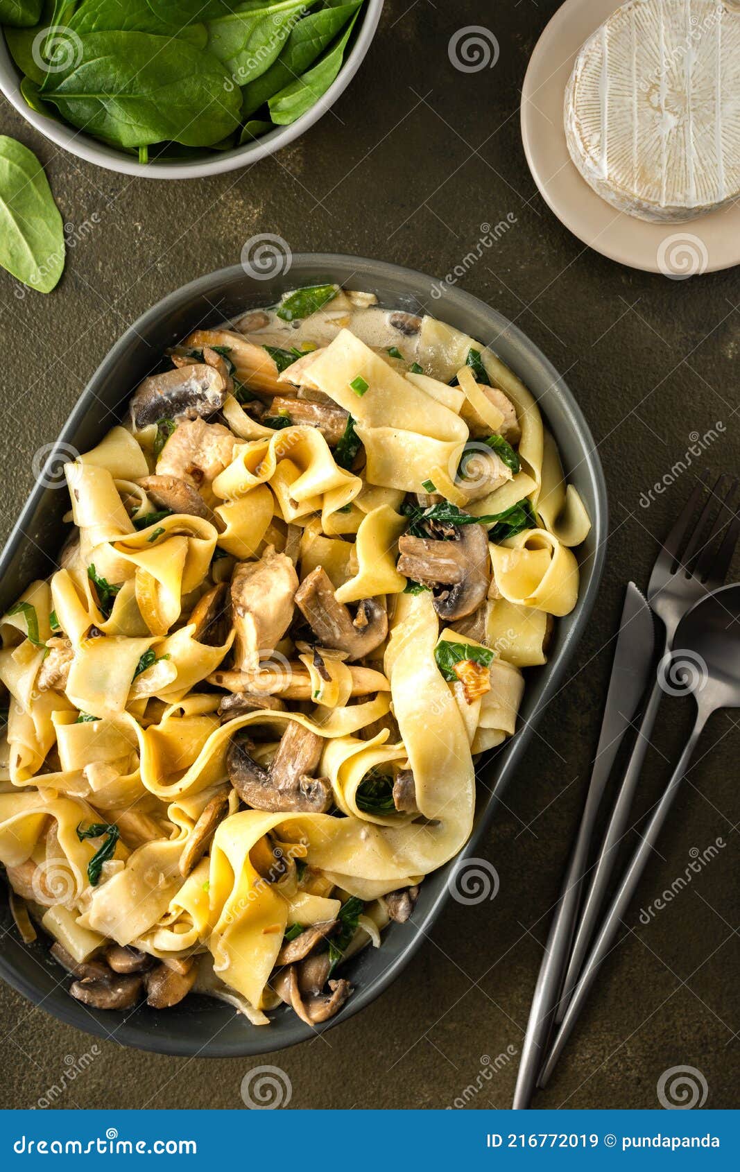 Fettuccini Pasta with Mushrooms and Chicken Breast Stock Image - Image