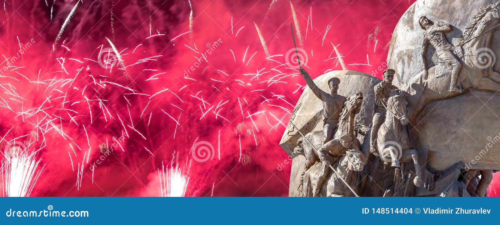 Fireworks over the Monument to countries of anti-Hitler coalition, Alley Partisan in Victory Park on Poklonnaya hill, Moscow, Russia