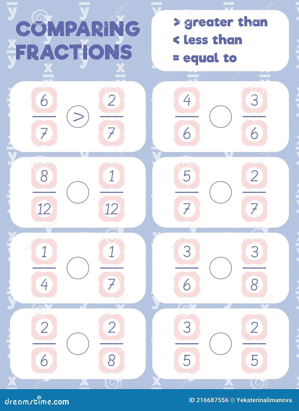 Exercices Sur Les Fractions à Imprimer Feuille De Comparaison De Fractions Illustration de Vecteur - Illustration du exercice, précours: 216687556