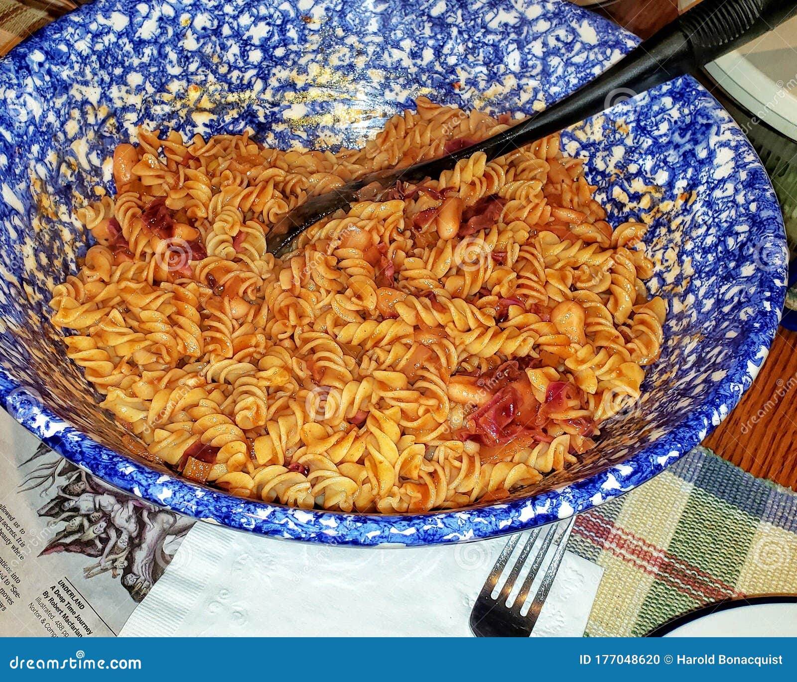 Rotini with Tomato Sauce in a Blue and White Pasta Bowl Stock Photo