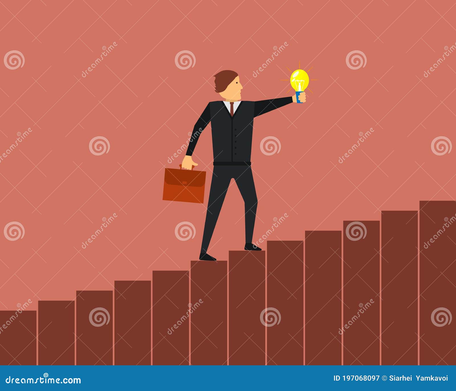 ÃÅ¾ffice worker, employee or businessman in a suit is climbing career ladder up the steps with a light bulb in his hand.