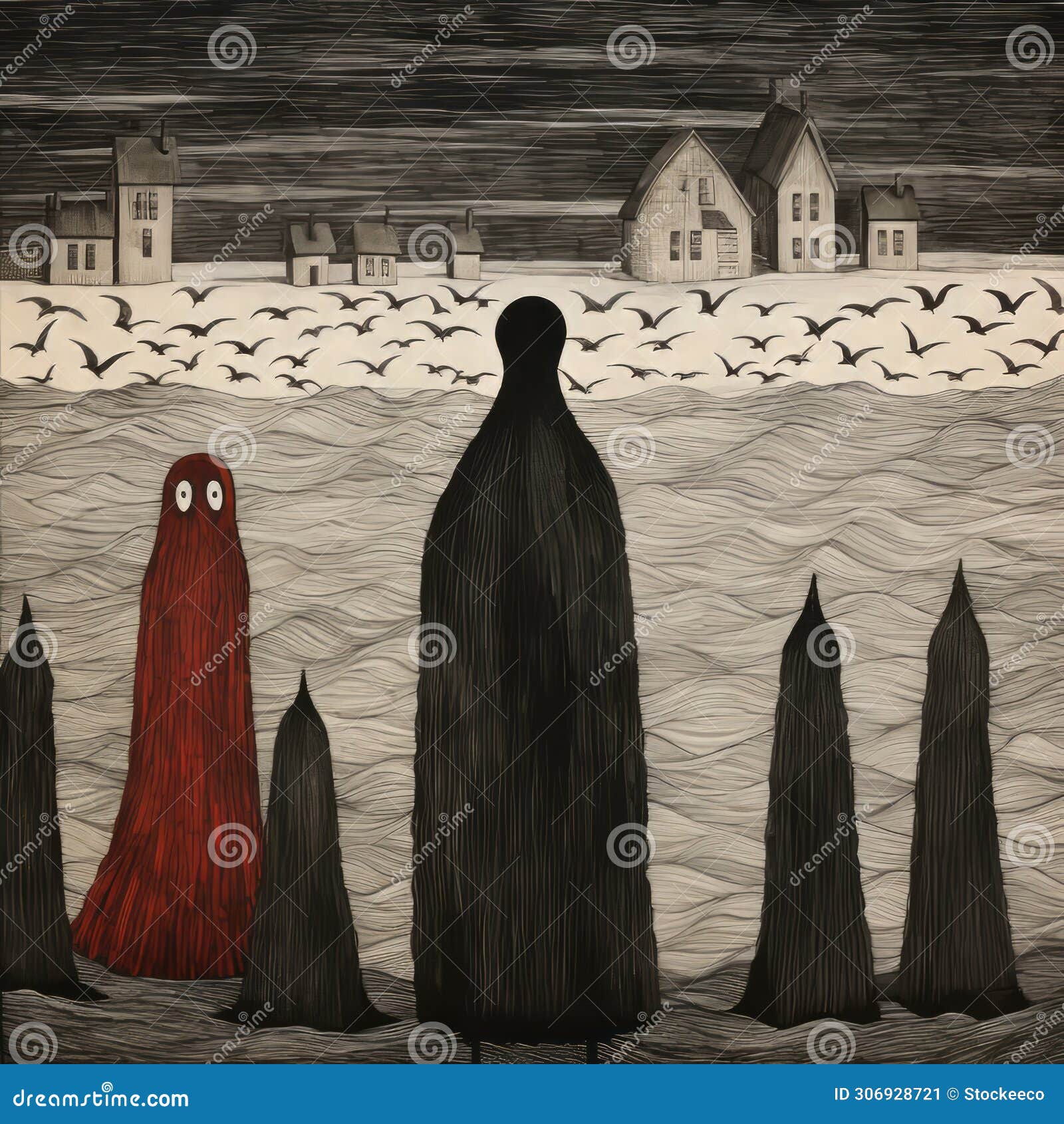 fiber art inspired by edward gorey: two red ghosts and houses
