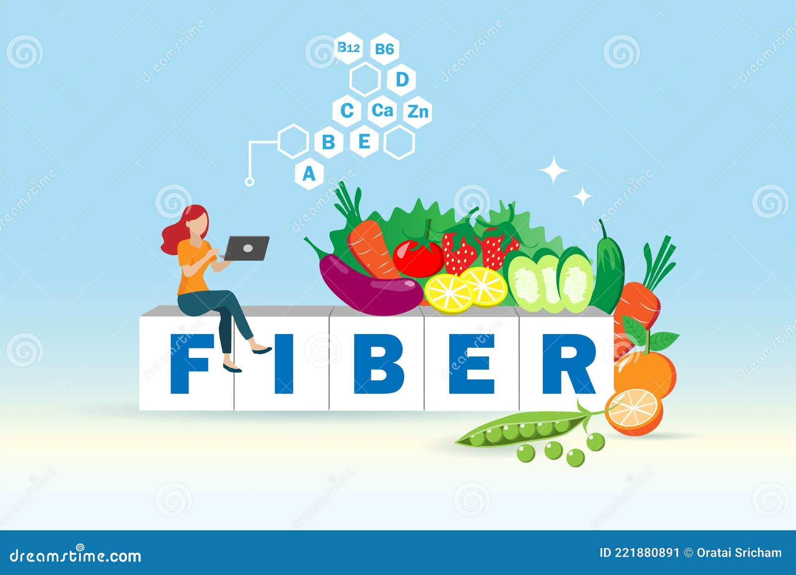 Fiber Foods with Fruits and Vegetables and Vitamin Icons. I Stock