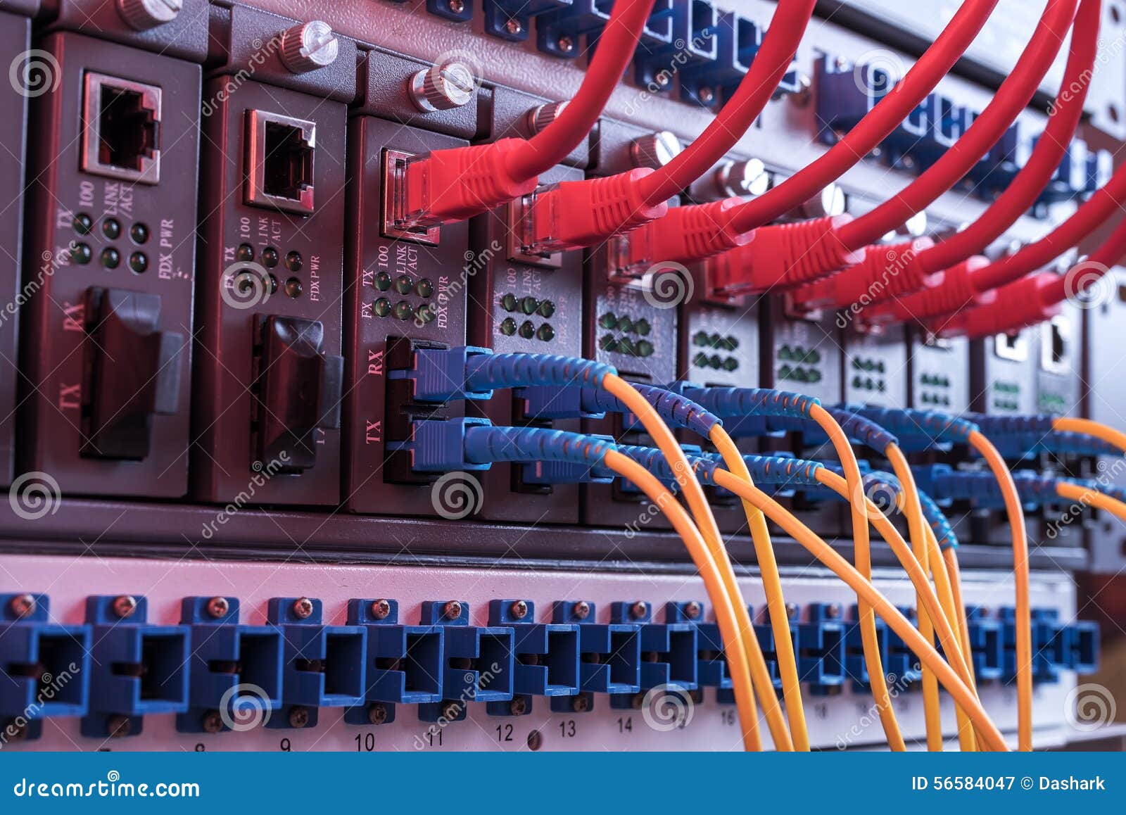 Fiber Optic Cables and UTP Network Cables Connected Hub Ports. Stock Image Image of datacenter