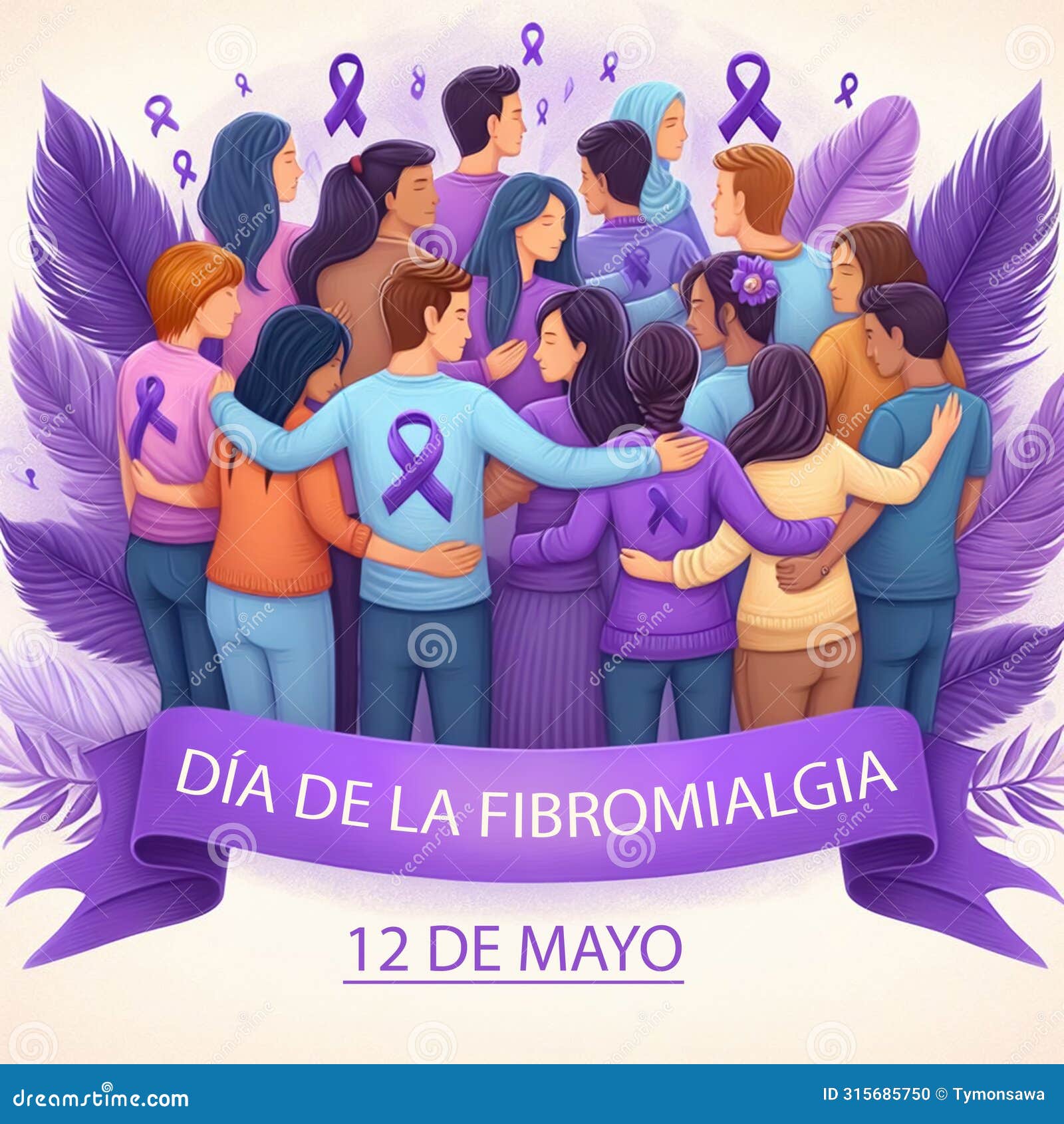 fibromyalgia day in spanish may 12. embraced people with purple ribbons