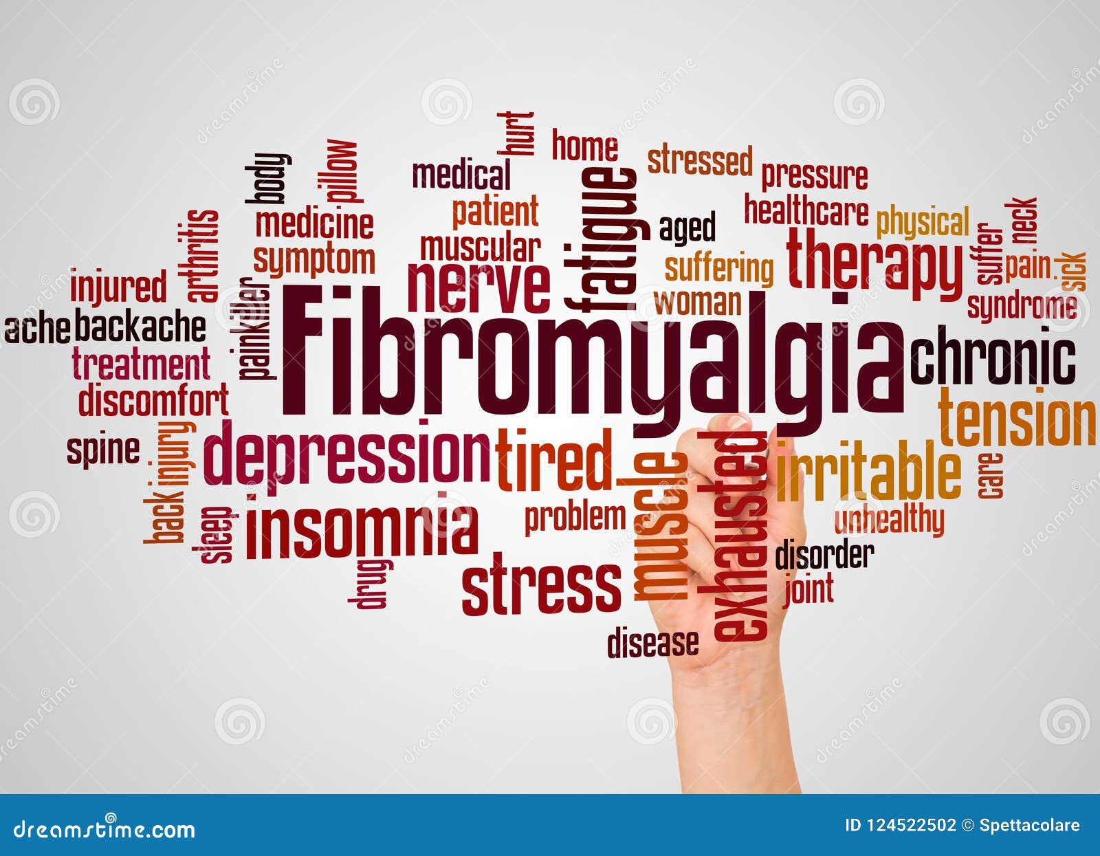 fibromyalgia word cloud and hand with marker concept